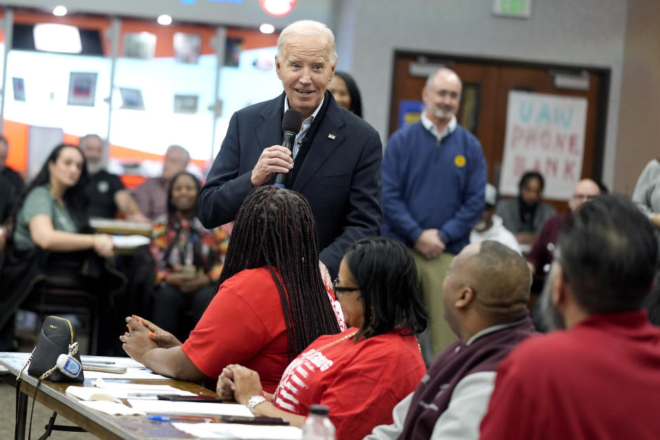 FILE - President Joe Biden addresses UAW members during a campaign stop, Feb. 1, 2024, in Warren, Mich. Former President Donald Trump is urging Republicans in Michigan to target Black voters in Detroit and other predominantly African American areas in the swing state, state GOP leaders said Monday, March 25. Both Biden and Trump will hotly contest Michigan, a state that flipped Democratic in 2020 and is widely seen as critical to both candidates' chances in November. (AP Photo/Evan Vucci, File)