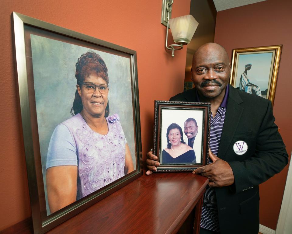 Wanda & Janice Wilson Foundation CEO Rufus Wilson with photos of his late mother Wanda and late wife Janice, both career educators, at his Port Orange home on Tuesday, Jan. 9, 2024. The nonprofit foundation will host its fourth annual charity gala Saturday evening, Jan. 20, 2024, at the Hard Rock Hotel in Daytona Beach. The event raises donations to provide minority students with scholarships.