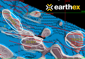 3D inversion model with contours of magnetic low features (grey), stripped outcrop exposures (white), and mapped pegmatite trends (red).