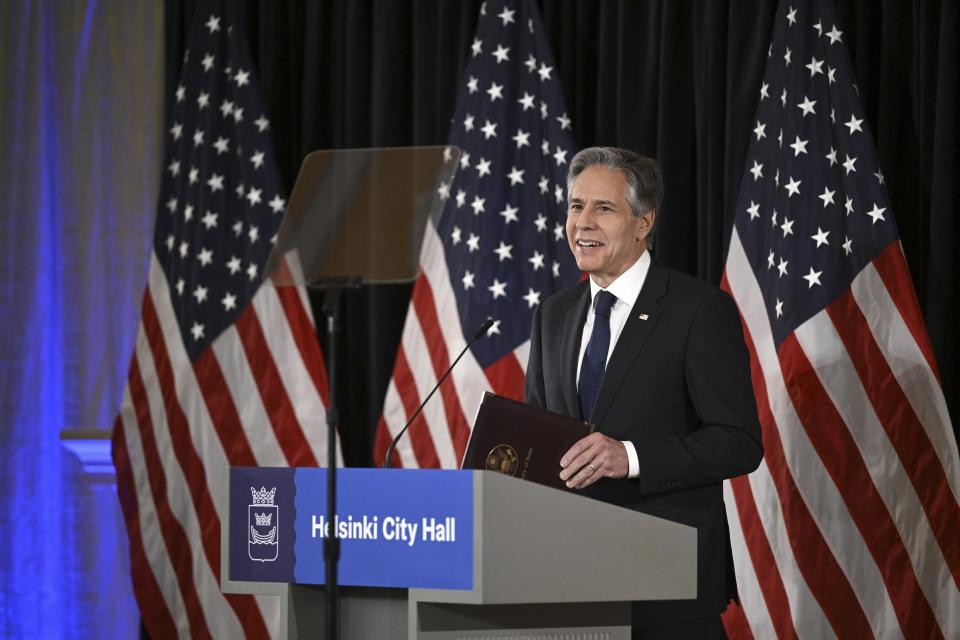 US Secretary of State Antony Blinken delivers his speech at the Helsinki City Hall, Finland Friday, June 2, 2023. (Antti Aimo-Koivisto/Lehtikuva via AP)