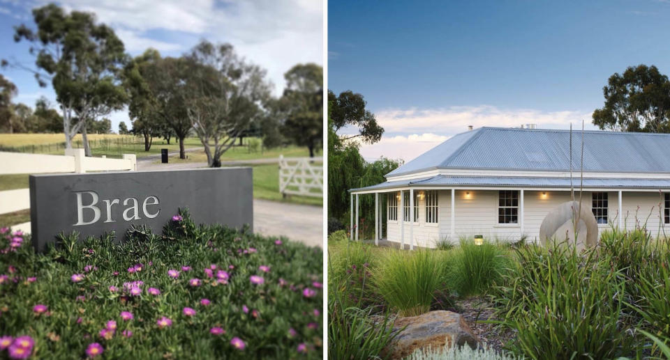 Brae sign and flowers at the gate (left) and Brae restaurant exterior (right)