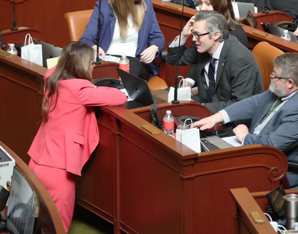 Rep. Anthony Loubet, R-Kearns, right, talks with Rep. Kera Birkeland, R-Morgan, on the House floor at the Capitol in Salt Lake City on Tuesday, Jan. 30, 2024. | Jeffrey D. Allred, Deseret News