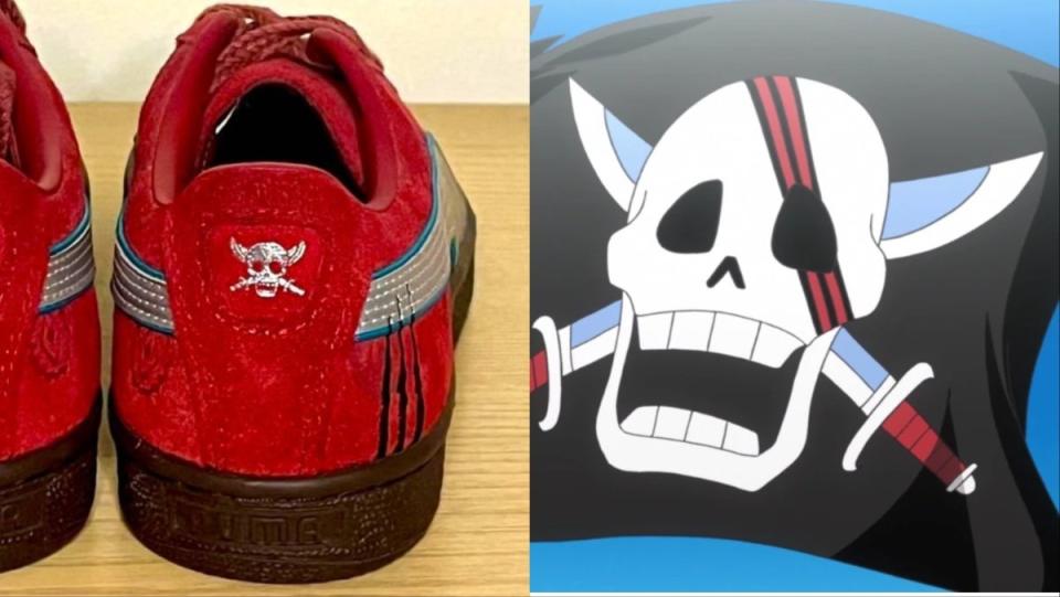 Shanks Red Haired Pirates Jolly Roger on PUMA Shoe Heel and Flag from One Piece
