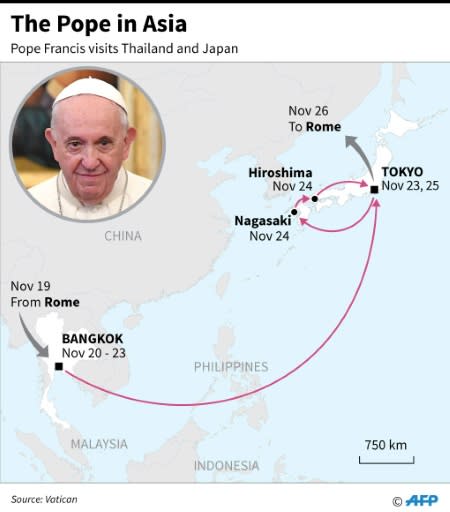 Map showing the route and dates of Pope Francis' Asia visit, Nov 19-26