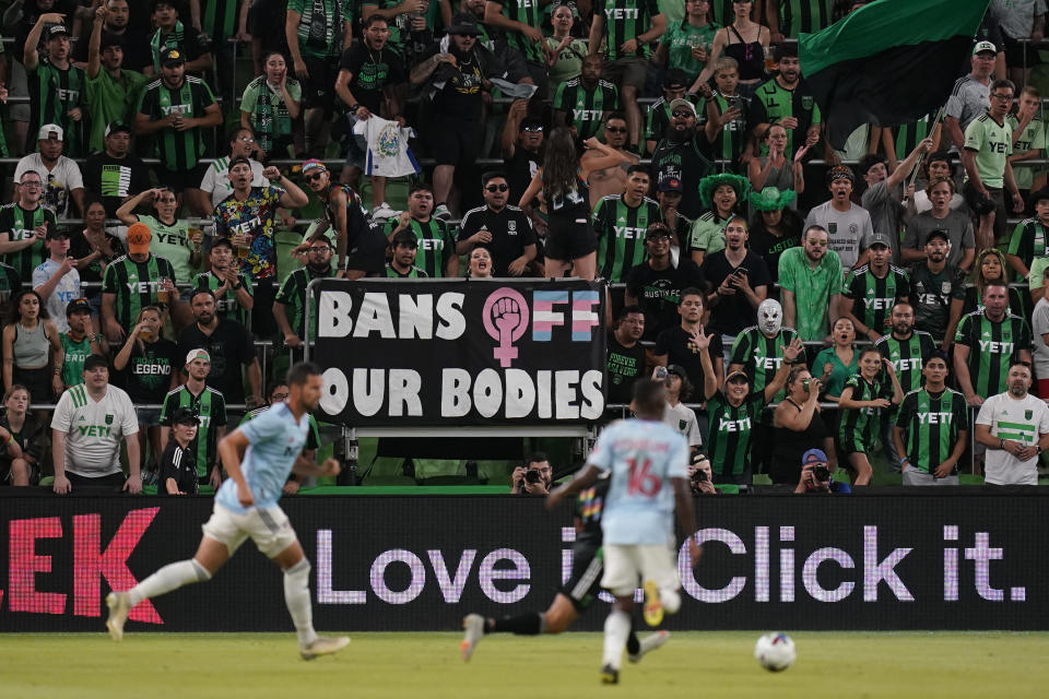 A banner supporting pro-choice is displayed during the second half of an MLS soccer match between FC Dallas and Austin FC, Saturday, June 25, 2022, in Austin, Texas. (AP Photo/Eric Gay)