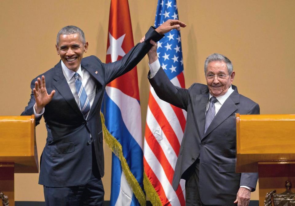 Cuban President Raul Castro meets Barack Obama in Havana in 2016 as ties between the countries warmed. <a href="https://newsroom.ap.org/detail/CubaRaulCastroProfile/804dcacb96a54745874516f13edf49da/photo?Query=Cuba%20obama%202016&mediaType=photo&sortBy=creationdatetime:desc&dateRange=Anytime&totalCount=713&currentItemNo=17" rel="nofollow noopener" target="_blank" data-ylk="slk:AP Photo/Ramon Espinosa;elm:context_link;itc:0;sec:content-canvas" class="link ">AP Photo/Ramon Espinosa</a>