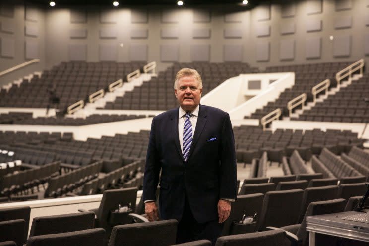 Senior Pastor, Dr. Jim Garlow stands inside Skyline Wesleyan Church that seats 2000 people, located in La Mesa, California, a suburb of San Diego. (Photos above and below: Ariana Drehsler for Yahoo News)