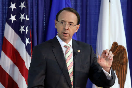 FILE PHOTO: Deputy U.S. Attorney General Rod Rosenstein speaks during the Bureau of Justice Assistance's rollout for the "Fentanyl: The Real Deal" training video in Washington, U.S., August 30, 2018. REUTERS/Chris Wattie