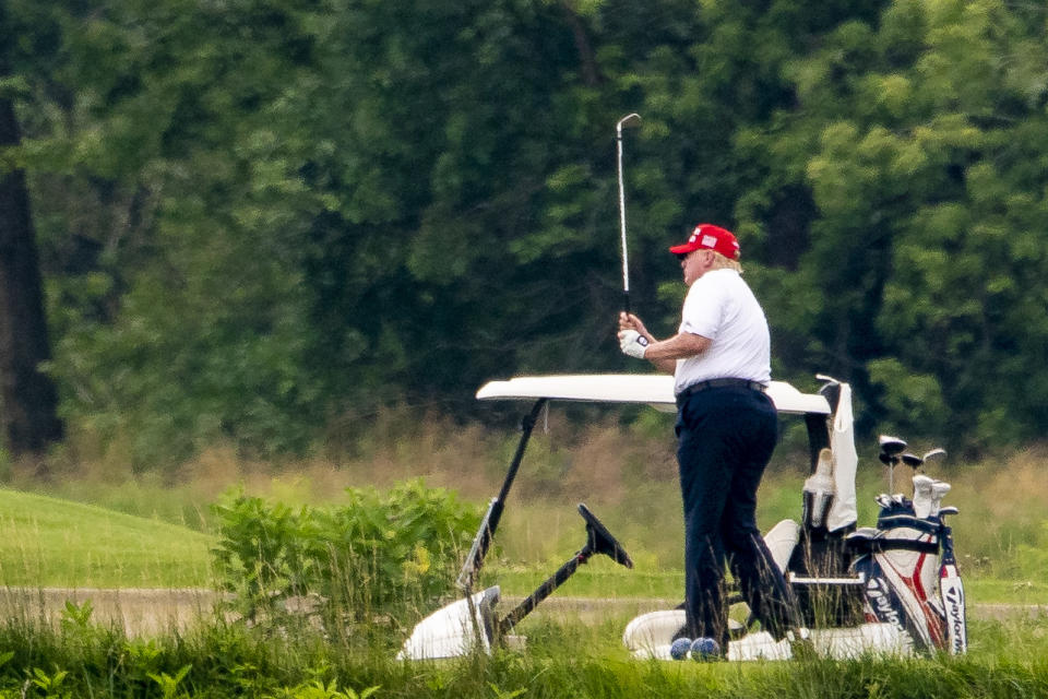 STERLING, VA - JUNE 27:  President Donald J. Trump trees off as he golfs at Trump National Golf Club on Saturday, June 27, 2020 in Sterling, VA. (Photo by Al Drago for The Washington Post via Getty Images)