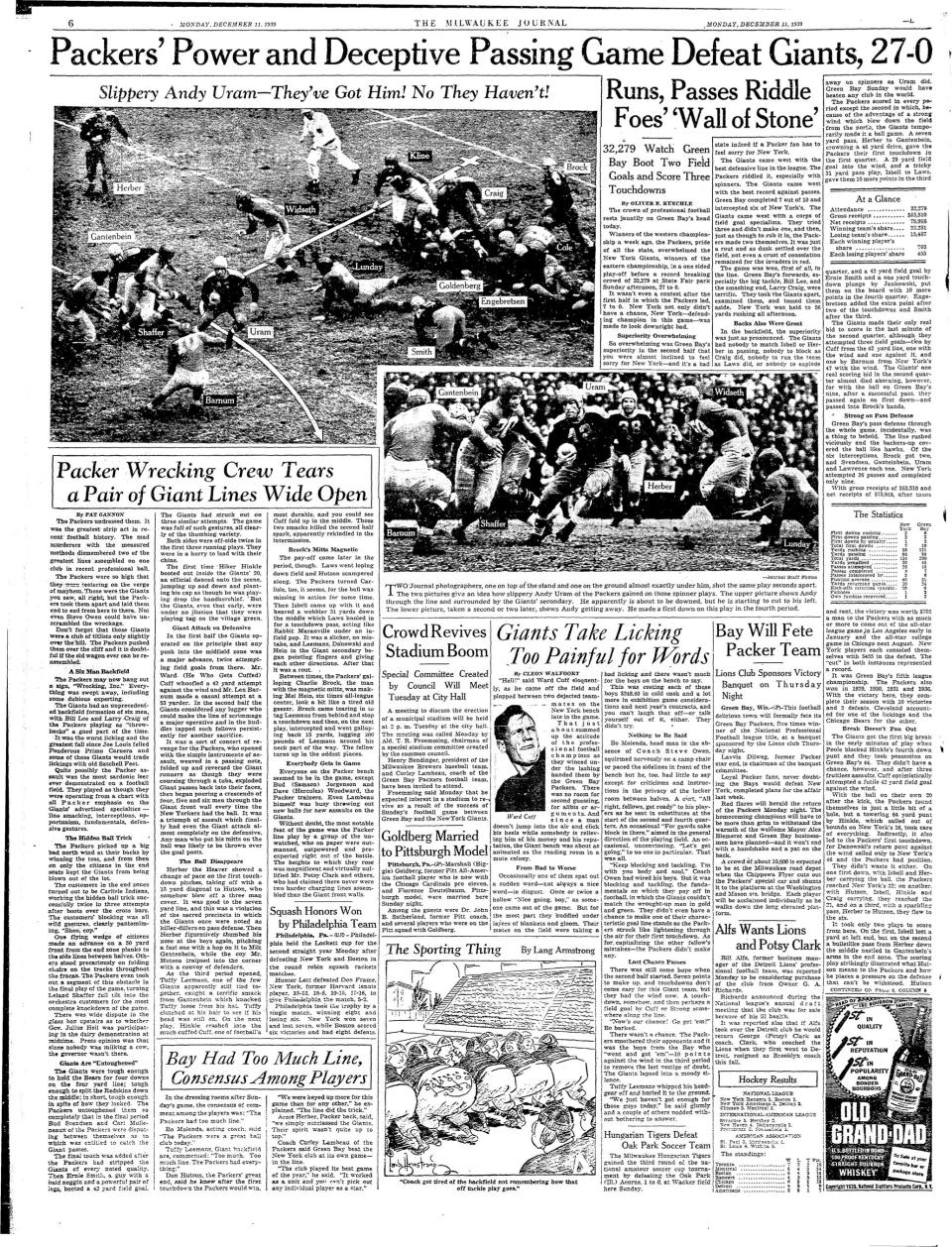 How the Packers championship appeared in the pages of the Milwaukee Sentinel.