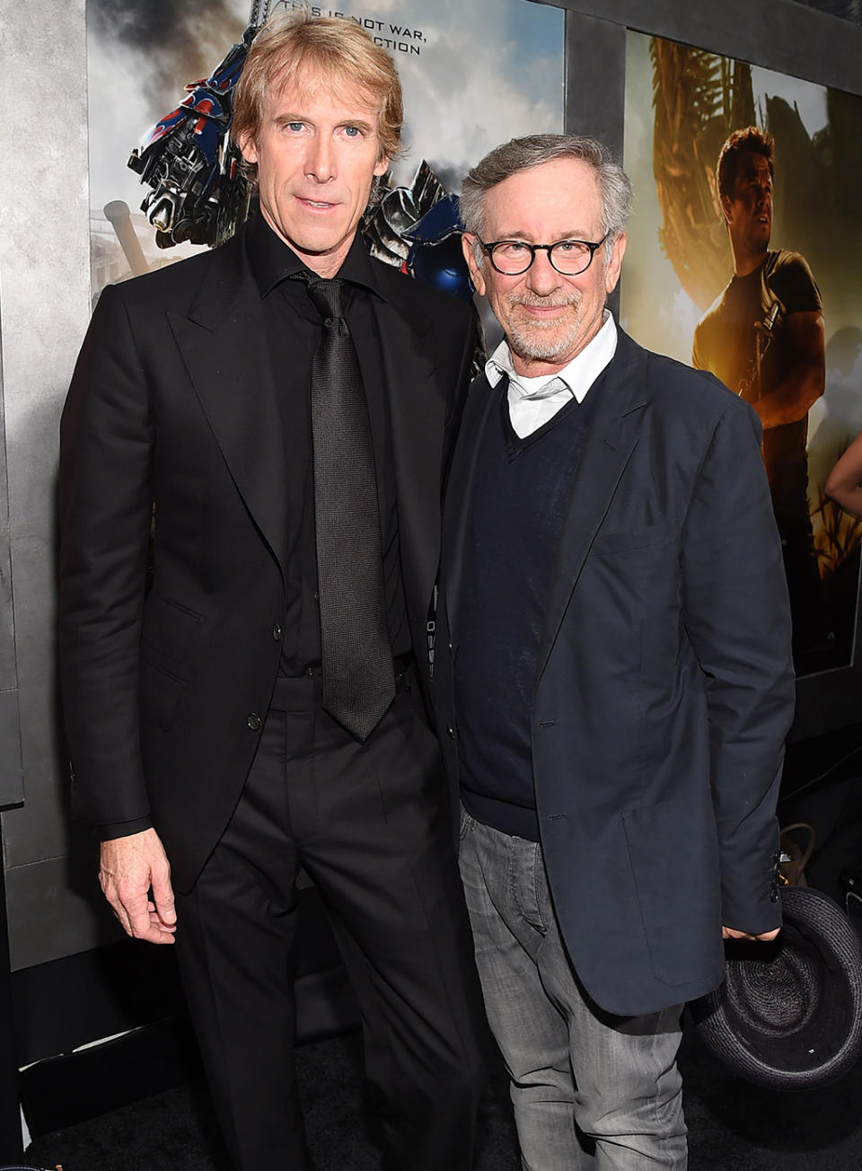 <p>Bay and executive producer Spielberg attend the <em>Age of Extinction</em> premiere. (Photo: Larry Busacca/Getty Images) </p>