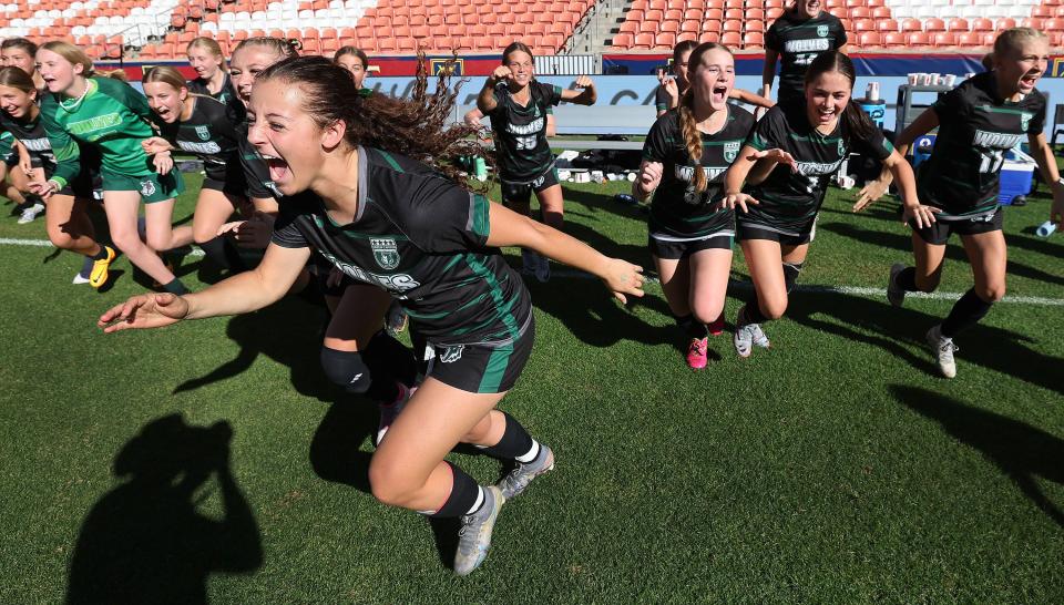 Green Canyon players celebrate their win over Park City in the 4A girls soccer state championship at America First Field in Sandy on Friday, Oct. 20, 2023. | Jeffrey D. Allred, Deseret News