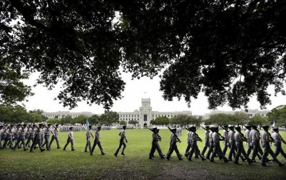 Citadel cadets practice for their weekly parade on the grounds of Summerall Field on the campus of The Citadel in Charleston, S.C.