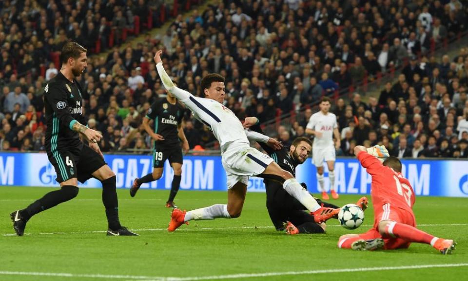 Dele Alli reacts fastest to open the scoring on the night he scored twice in Tottenham’s 3-1 victory over Real Madrid.