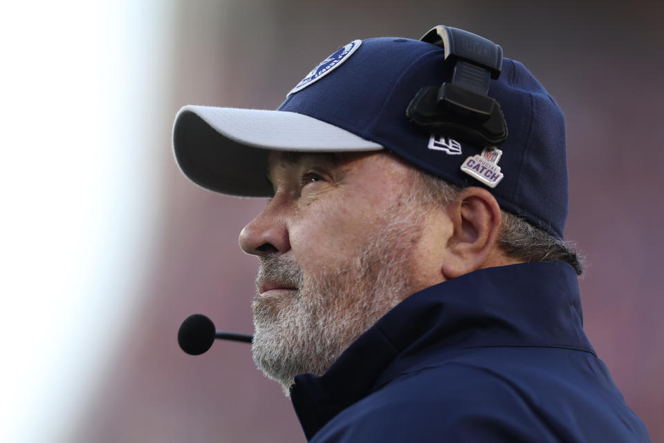 Dallas Cowboys head coach Mike McCarthy watches from the sideline during the first half of an NFL football game against the San Francisco 49ers in Santa Clara, Calif., Sunday, Oct. 8, 2023. (AP Photo/Jed Jacobsohn)