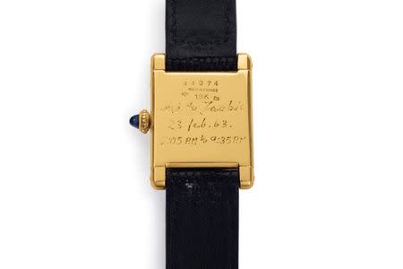 Jackie Kennedy's engraved Cartier Tank wristwatch, which will go on auction at Christie's in New York City on June 21, 2017, is seen in this undated handout image. Christie's Images/Handout via Reuters