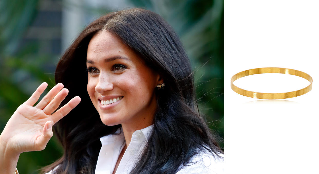 Meghan Markle opted for a gold bangle by London-based designer Pippa Small [Photo: Getty Images]