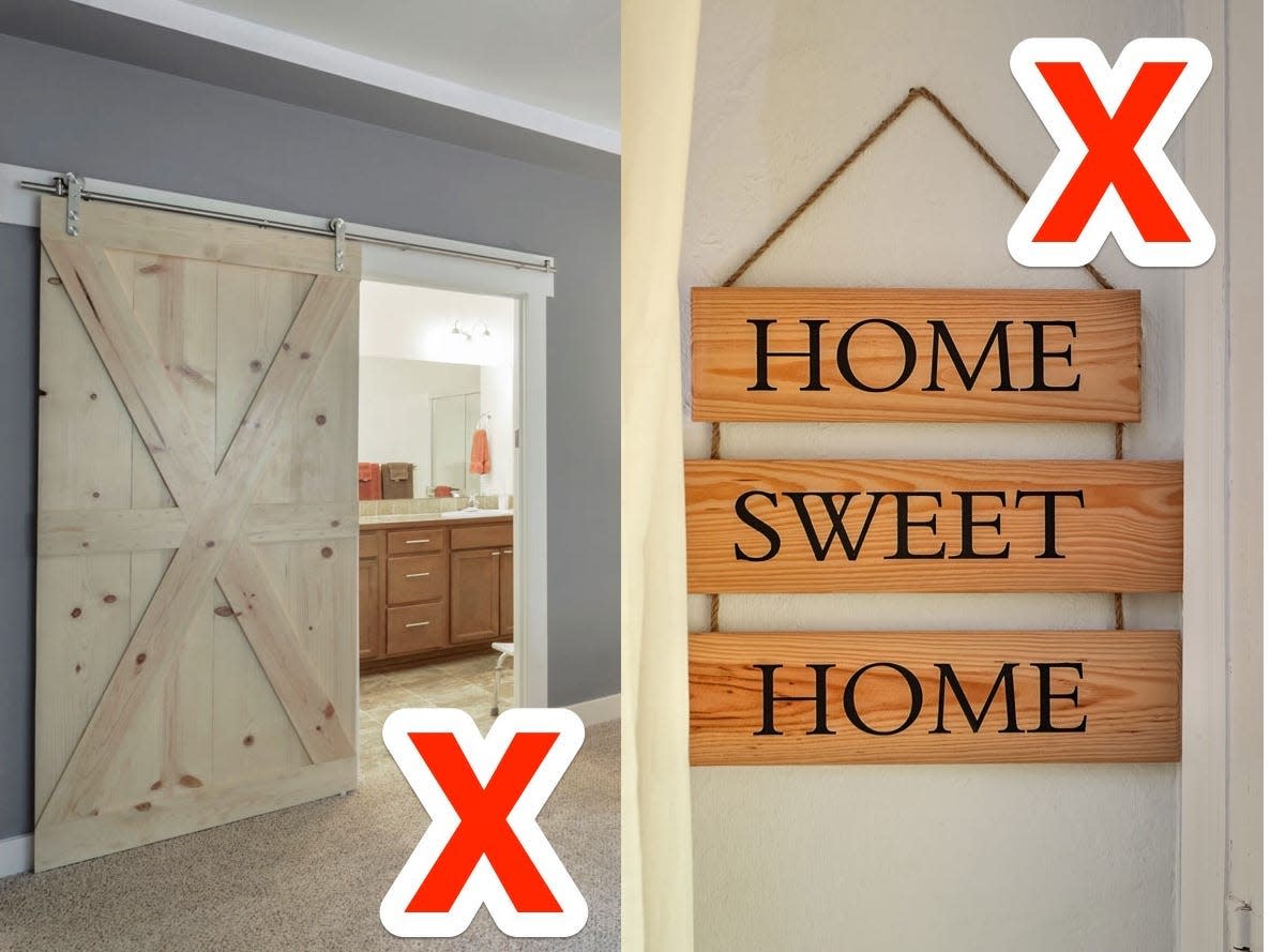 A composite of a barn door in room with a cream-colored carpet and a wooden sign with "home sweet home" written on it.