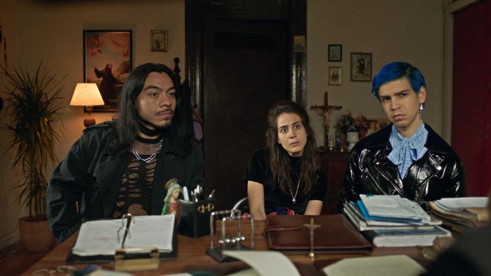 Renaldo (Bernardo Velasco, left) recruits dental assistant Ursula (Cassandra Ciangherotti) and chocolate company heir Andres (Julio Torres) to help him scare people in HBO's "Los Espookys."