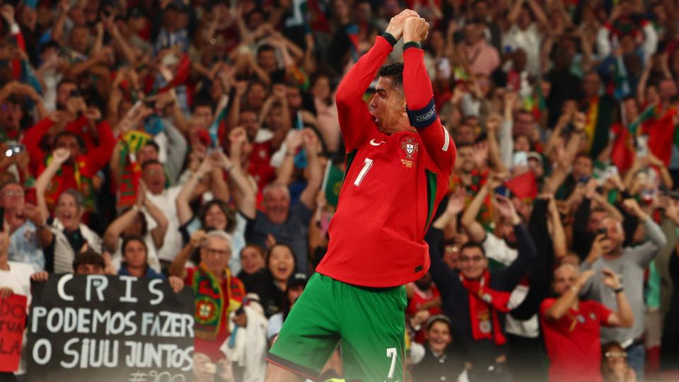 Cristiano Ronaldo of Portugal celebrates after scoring Portugal's second goal during the UEFA Nations League 2024/25 League A Group A1 match between Portugal and Scotland at Estadio da Luz on September 8, 2024 in Lisbon, Portugal.