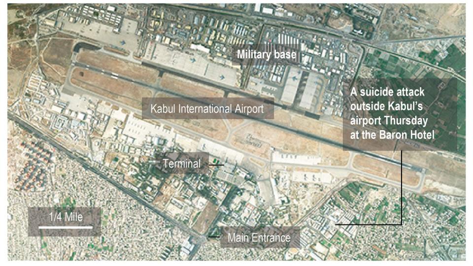 Satellite image shows Kabul International Airport and the location of an explosion near the Abbey Gate. (Planet Labs/Associated Press)