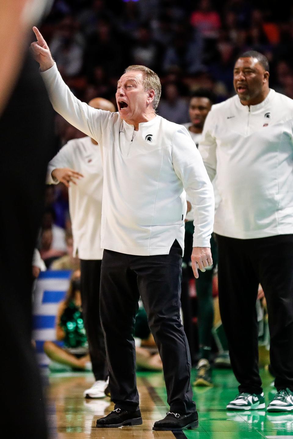 Michigan State head coach Tom Izzo reacts to a play against Duke during the first half of the second round of the NCAA tournament at the Bon Secours Wellness Arena in Greenville, S.C..