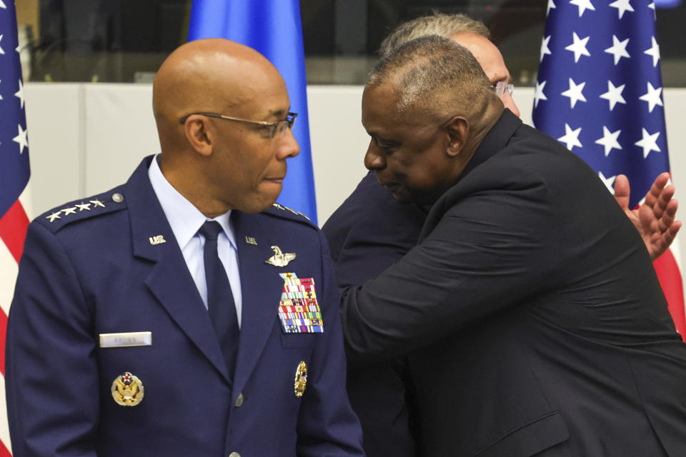 United States Secretary of Defense Lloyd Austin, right, greets NATO Secretary General Jens Stoltenberg prior to a meeting of the Ukraine Defense Contact Group at a meeting of NATO defense ministers at NATO headquarters in Brussels, Wednesday, Oct. 11, 2023. Ukraine's President Volodymyr Zelenskyy has arrived at NATO for meetings with alliance defense ministers to further drum up support for Ukraine's fight against Russia. (Olivier Matthys, Pool Photo via AP)