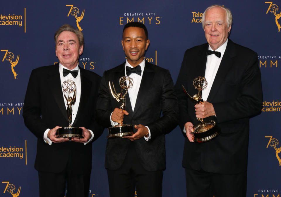 EGOT winners Andrew Lloyd Webber, John Legend and Tim Rice pose in the press room of the 2018 Creative Arts Emmy Awards on Sept. 9, 2018, in Los Angeles.<p>Paul Archuleta/Getty Images</p>