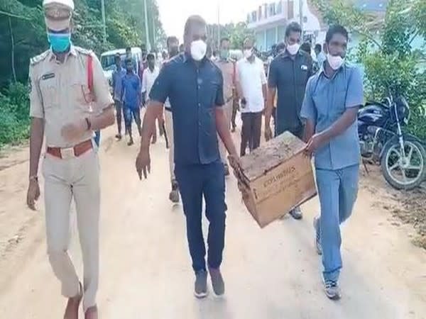 Vikarabad police carrying the seized explosives (Photo/ANI)