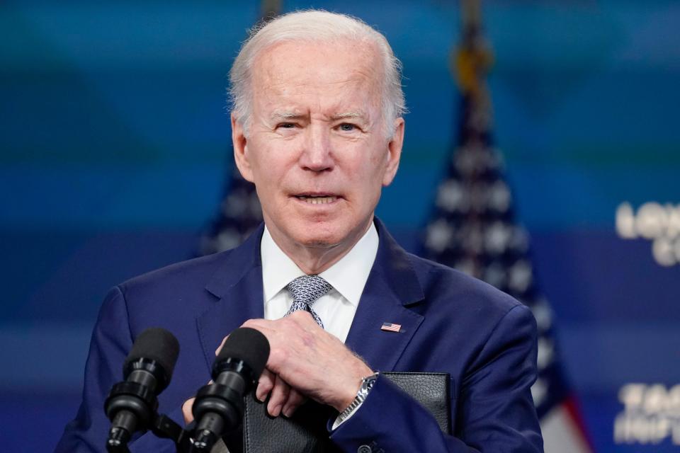 President Joe Biden responds to questions from the media in the South Court Auditorium on the White House complex in Washington,Tuesday, May 10, 2022. (AP Photo/Manuel Balce Ceneta) ORG XMIT: DCMC415
