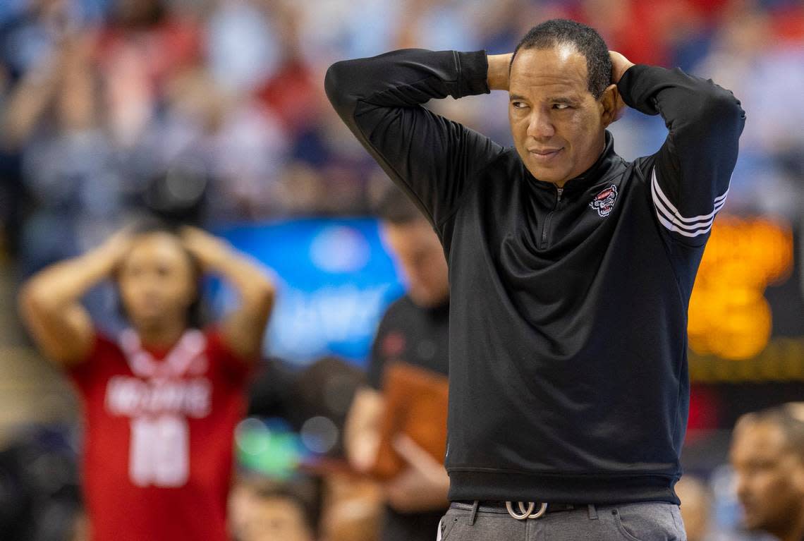 N.C. State coach Kevin Keatts reacts as Clemson opens a big lead over the Wolfpack in the second half during the third round of the ACC Tournament on Thursday, March 9, 2023 at the Greensboro Coliseum in Greensboro, N.C. Clemson rolled to an 80-54 victory.
