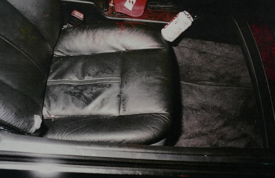 This photo provided by the Las Vegas Metropolitan Police Department shows the bloodied passengers seat in a car in which rapper Tupac Shakur was fatally shot in September 1996, in Las Vegas. Duane "Keffe D" Davis, 60, was arrested Sept. 29, 2023, and charged with orchestrating the drive-by shooting of Shakur near the Las Vegas Strip that also wounded rap music mogul Marion “Suge” Knight. (Las Vegas Metropolitan Police Department via AP)