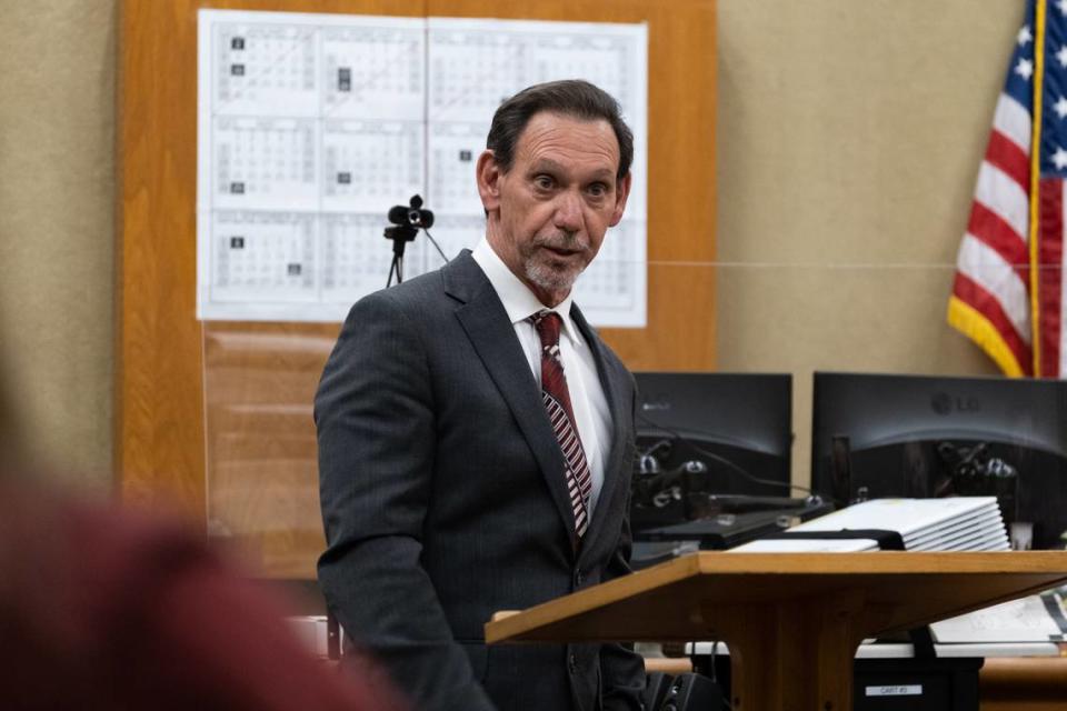 Defense attorney Ray Allen gives closing statements in the case against his client, Stephen Deflaun, in San Luis Obispo Superior Court on Apr. 18, 2023.