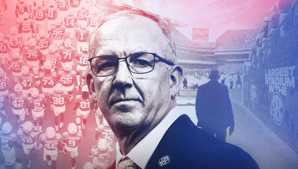 Yahoo Sports tags along with SEC commissioner Greg Sankey for two games in Texas as the conference gets ready to welcome two new juggernauts into the fold. (Illustration by Yahoo Sports)