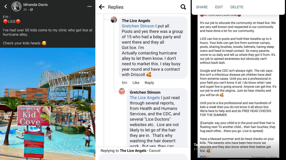 Deleted posts and comments from Miranda Davis and her business, The Lice Angels. Davis made a post (left) that clients of hers received head lice from Hurricane Alley. The middle image shows a deleted comment where the business said 15 kids were having a birthday party at the waterpark. The right image shows a second deleted post from The Lice Angels claiming lice can live in pools and that the Centers for Disease and Control is not always correct.