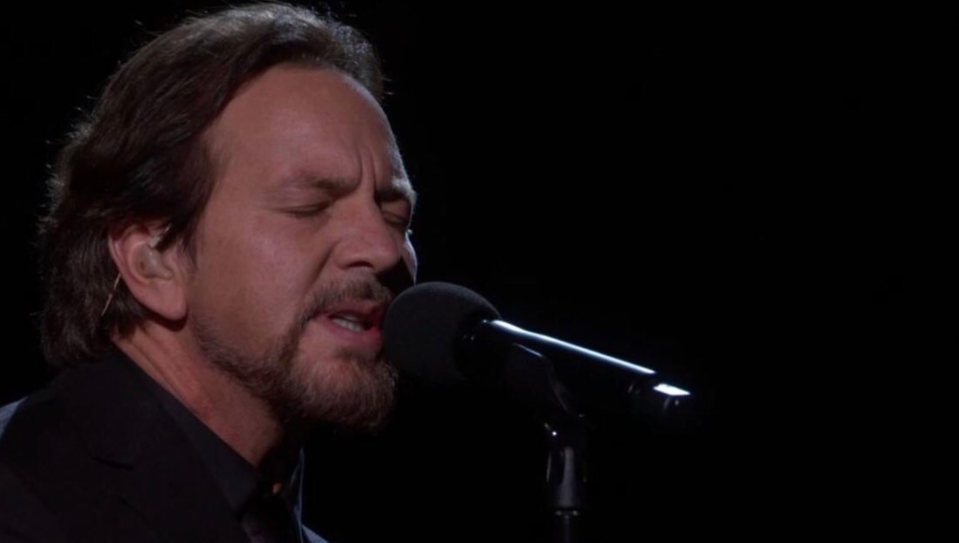 Pearl Jam frontman soundtracks the In Memoriam tribute with a performance of "Room at the Top".
