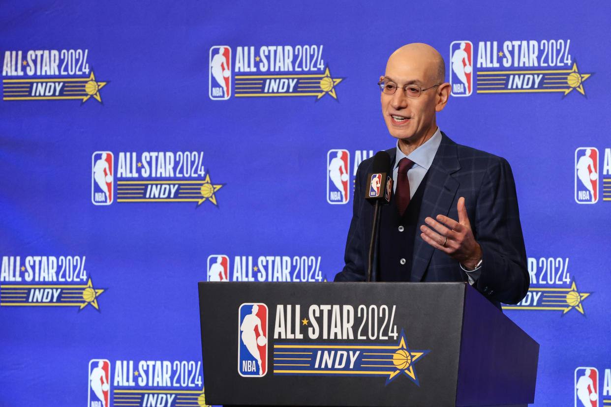 INDIANAPOLIS, INDIANA - FEBRUARY 17: NBA Commissioner Adam Silver speaks to the media at Lucas Oil Stadium on February 17, 2024 in Indianapolis, Indiana. NOTE TO USER: User expressly acknowledges and agrees that, by downloading and or using this photograph, User is consenting to the terms and conditions of the Getty Images License Agreement. (Photo by Stacy Revere/Getty Images)
