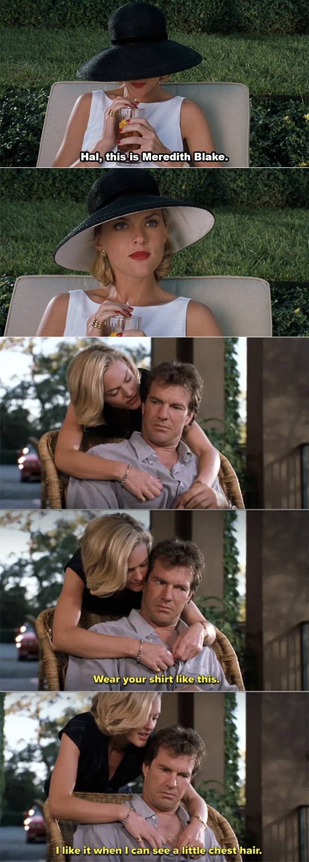 Meredith Blake from "The Parent Trap" sips wine, then embraces Nick Parker from behind, adjusting his shirt to reveal his chest hair