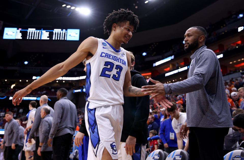 Creighton guard Trey Alexander (23) celebrates after the Bluejays defeated Princeton in the Sweet 16 of the NCAA men's tournament at KFC YUM! Center.