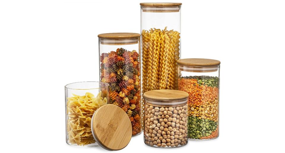 Set of 5 Glass Kitchen Canisters with Airtight Bamboo Lids (Le'raze)