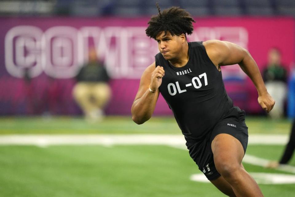 Mar 5, 2023; Indianapolis, IN, USA; Syracuse offensive lineman Matthew Bergeron (OL07) during the NFL Scouting Combine at Lucas Oil Stadium. Mandatory Credit: Kirby Lee-USA TODAY Sports