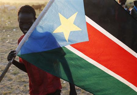 A man holds South Sudan's national flag as he celebrates referendum results in Abyei October 31, 2013. REUTERS/Goran Tomasevic