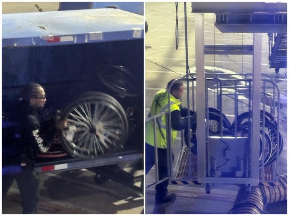 Side by side images show staff at Richmond International Airport handling wheelchair wheels on different luggage transportation carriages to move them from a plane to the passengers on April 10, 2024.
