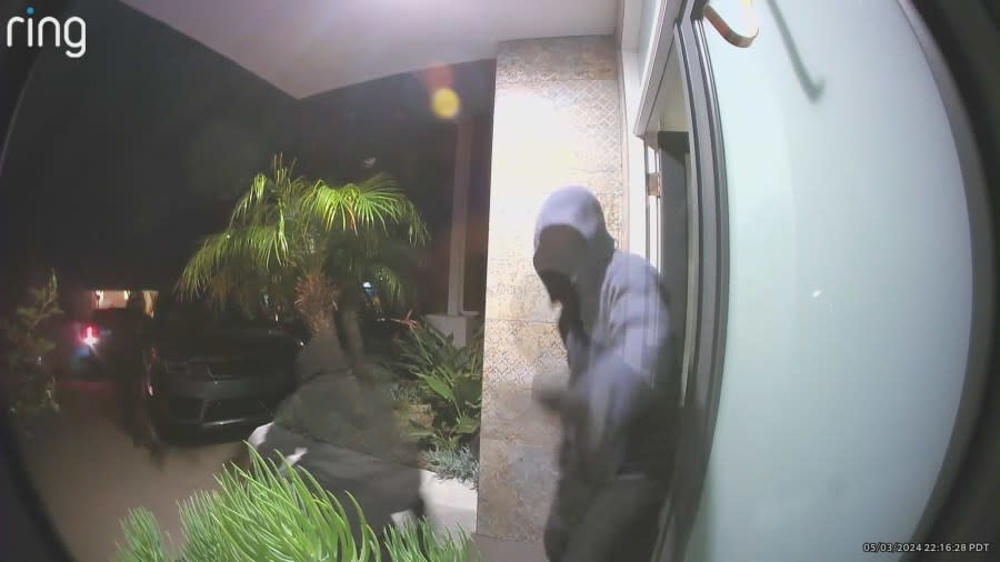 Security footage from a Playa Del Rey home shows multiple suspects feeling with a safe, and other items. The victims say they want local government officials to do more to keep the public safe. The couple spoke with KTLA on May 6, 2024. (KTLA)
