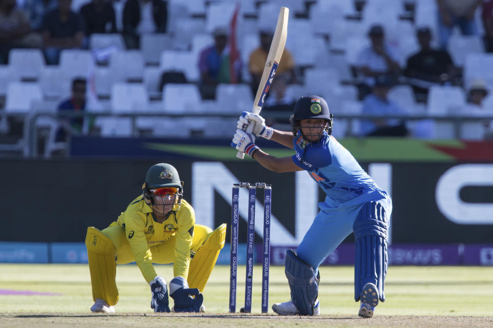 India's Harmanpreet Kaur in action against Australia during the Women's T20 World Cup semi final cricket match in Cape Town, South Africa, Thursday Feb. 23, 2023. (AP Photo/Halden Krog)