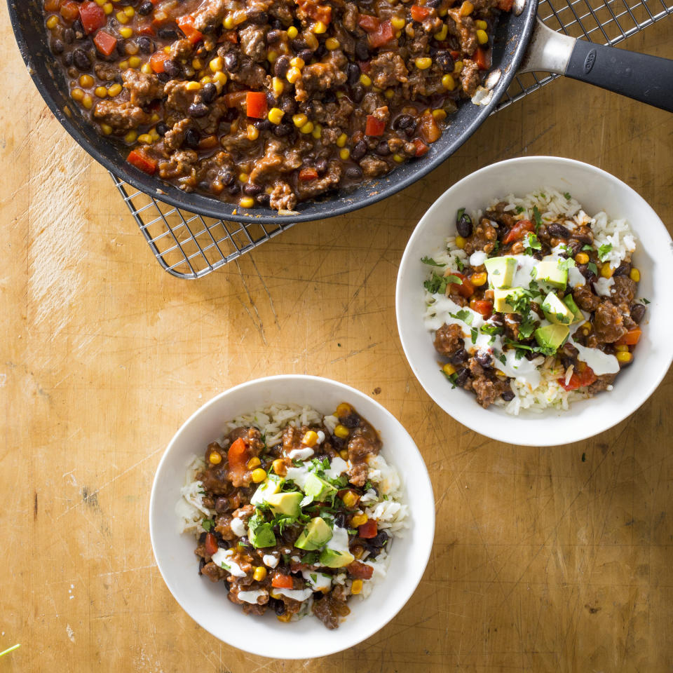 This undated photo provided by America's Test Kitchen in January 2019 shows Chipotle Beef Chili Bowls in Brookline, Mass. This recipe appears in the cookbook “One-Pan Wonders.” (Carl Tremblay/America's Test Kitchen via AP)