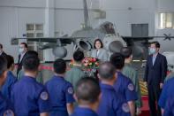 Taiwan's President Tsai Ing-wen delivers a speech during her visit to Makung Air Force Base in Taiwan's offshore island of Penghu