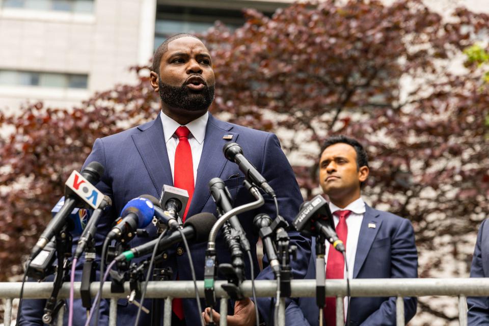 Rep. Byron Donalds, R-Fla., speaks outside the Manhattan Criminal Court as former President Donald Trump attends his trial for allegedly covering up hush money payments, in New York on May 14, 2024.