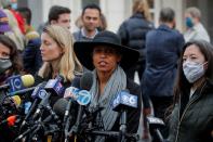 Michele Hatchette, a supporter of NXIVM cult leader Keith Raniere, speaks to reporters following the sentencing hearing outside the Brooklyn Federal Courthouse in New York