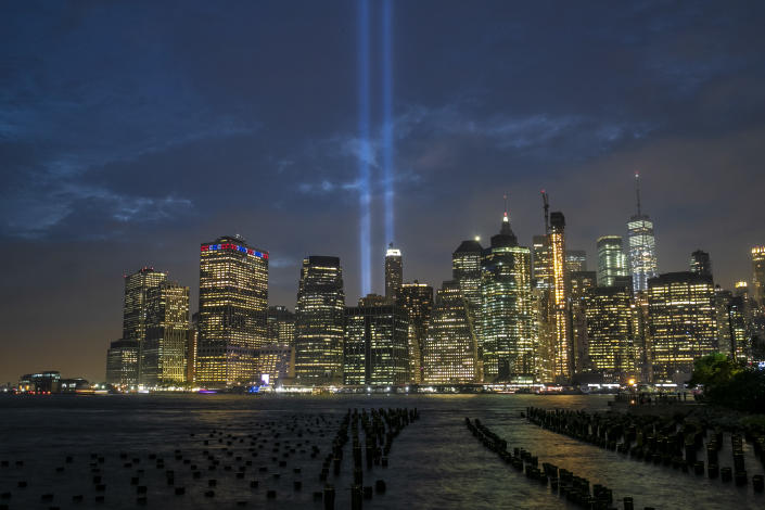 <p>The Tribute in Light rises above the New York skyline from the Brooklyn side of the East River on Sept. 5, 2018. (Photo: Gordon Donovan/Yahoo News) </p>